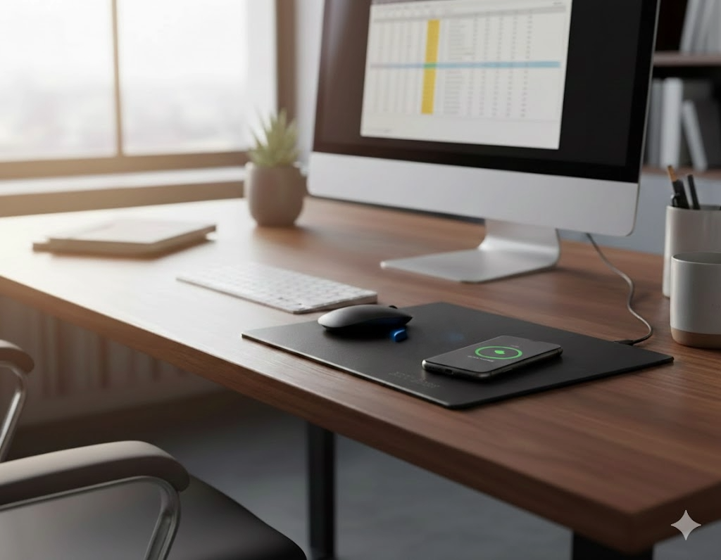 DeskCharge Pro – Mouse Pad 2 en 1 con estación de carga Inalámbrica Qi